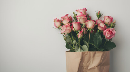 Tender pink rose in paper bag. Valentine's Day. Birthday, Happy Women's Day. Flat lay, top view, copy space