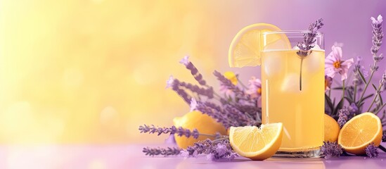 A glass of lemonade filled with lavender flavor sits next to fresh lemons and sprigs of lavender. The drink is served on a wooden table, creating a simple yet inviting scene.