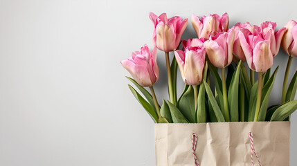 Bouquet of pink tulips wrapped in craft paper on the white background