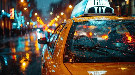 A yellow taxi cab is parked on a wet city street at night