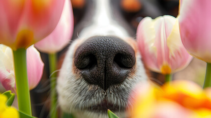 Black nose of dog in spring flowers pink, white and yellow tulips.