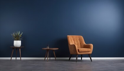Fototapeta na wymiar Chic An armchair in the interior against a blank dark blue wall backdrop gives the area depth and refinement.