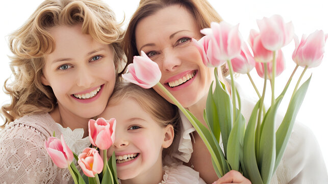 Portrait of three idyllic positive people sitting embrace hold fresh tulips on white background
