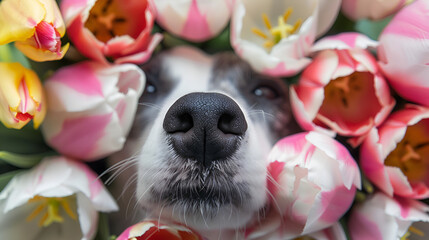 Black nose of dog in spring flowers pink, white and yellow tulips. - obrazy, fototapety, plakaty