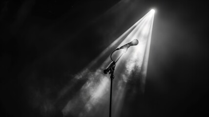 Dramatic black and white image of a lone microphone under a spotlight on an empty stage
