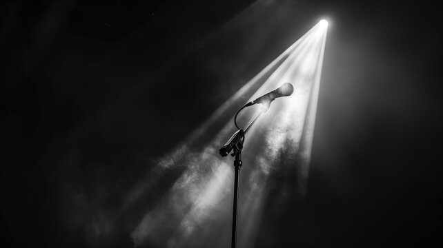 Dramatic black and white image of a lone microphone under a spotlight on an empty stage