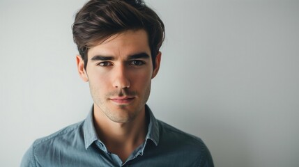 Young man in closeup shot, neutral expression, dark hair, collared shirt. Plain, light background.