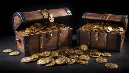 A lot of anciend gold coins and doubloons in a chest