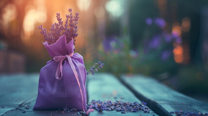fragrant bag with lavender on a wooden background - obrazy, fototapety, plakaty