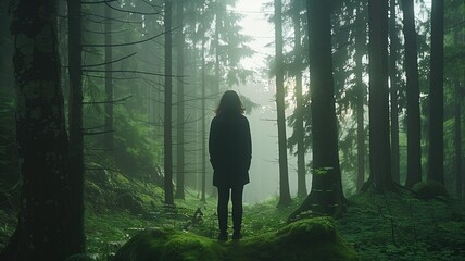 Silhouette of person in a foggy green forest