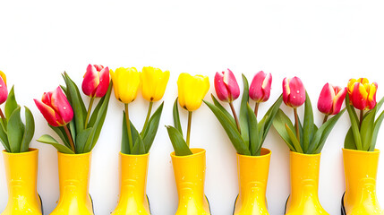 Yellow rubber boots with spring tulip flowers on white background.