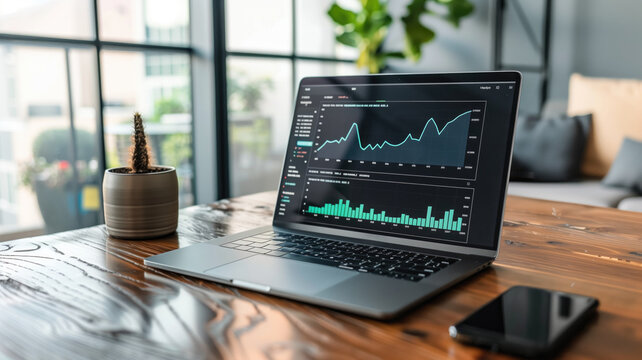 Modern laptop showing financial graphs on wooden table