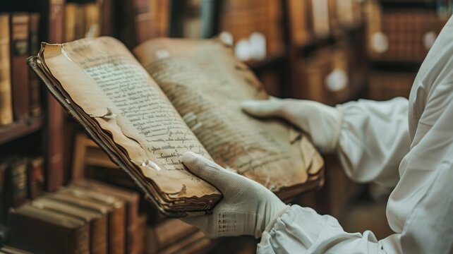 Person in white gloves holding an ancient manuscript