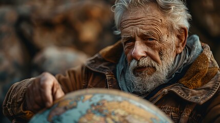 An elderly adventurer embraces global exploration embodying the spirit of wanderlust. Concept Adventure, Elderly, Exploration, Wanderlust, Global