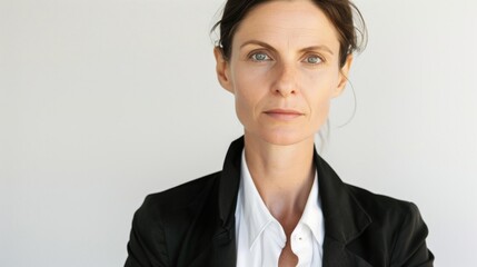Woman with hair pulled back, wearing black blazer over white shirt. Plain, light background. Neutral expression, looking at camera. - obrazy, fototapety, plakaty