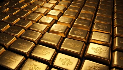Fototapeta premium A lot of gold ingots macro background