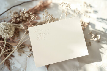 a flat lay minimalist design with envelope and blank greeting cards that can be used for a mock-up