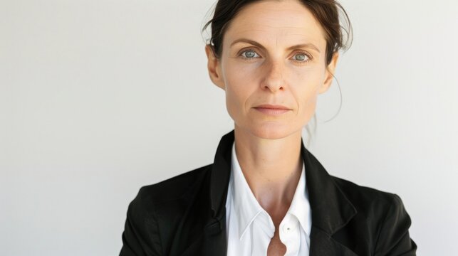 Woman with hair pulled back, wearing black blazer over white shirt. Plain, light background. Neutral expression, looking at camera.