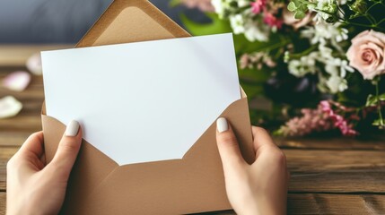 A person holds an envelope with a blank card, flowers on the table, a heartwarming mockup for Mother's Day or a birthday