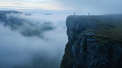 A solitary figure standing at the edge of a cliff looking out over a fog-covered valley at sunrise.
