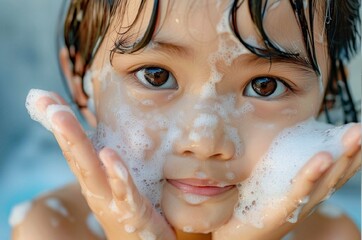 Stunning high resolution photo of a little Asian girl washing her face, touching her face with her hands, soap suds on her cheeks, straight shot, front view, emotions captured