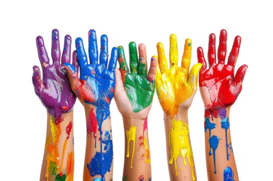 row of colored hands  isolated against transparent background