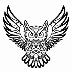 A black and white drawing of an owl Tattoo design, coloring book page.
