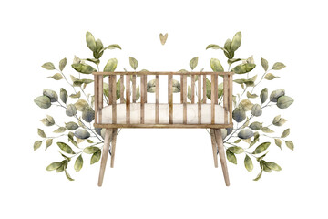 Watercolor composition with a crib for a newborn surrounded by green plants. Illustration hand drawn on isolated background for cards, interior, stickers, textiles, design, invitations