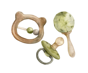 Watercolor set of baby products for a baby, pacifier, green wooden rattles. Illustration hand drawn on isolated background for cards, interior, stickers, textiles, design, invitations