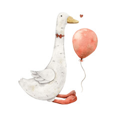 Watercolor drawing with a plush goose and a bow, a red balloon and a heart. Illustration hand drawn on isolated background for cards, interior, stickers, textiles, design, invitations © ValentinaSova