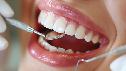 Dental examination with a focus on healthy white teeth and dental instruments - obrazy, fototapety, plakaty