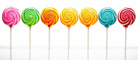 A close-up view of a row of colorful lollipops stacked on top of each other, showcasing a variety of vibrant colors such as red, blue, yellow, and green. The lollipops are isolated on a white