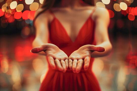 Close up image of unrecognizable woman in a red dress in the middle of a dance floor holds out her hands inviting you to dance