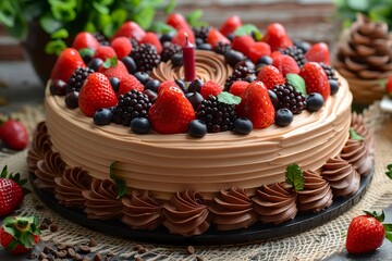 A delicious birthday cake with a candle on top. Layer cake with a festive feeling of the tradition of celebrating another year of life.