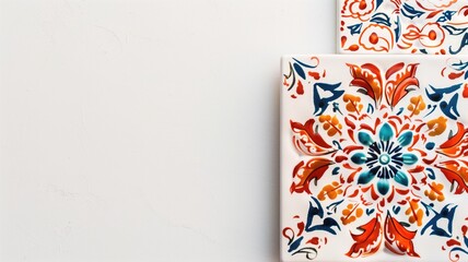 A colorful decorative tile with intricate floral patterns on white