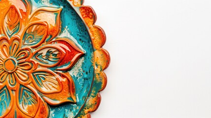 Ornate ceramic plate with vibrant glaze, close-up on texture
