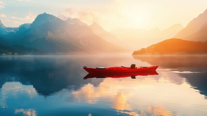 Red kayak on a calm lake with mountains and sunset in the backdrop - obrazy, fototapety, plakaty