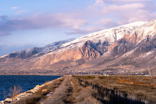 Panoramic view of Willard Bay Reservoir, and in the background the Watsach Condillera