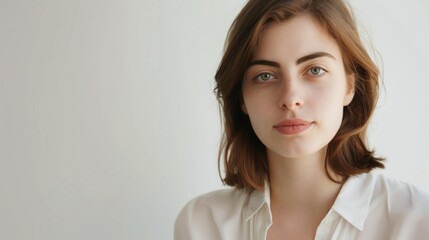 Naklejka premium Young woman with mediumlength hair and white blouse looking at camera in plain, light background.