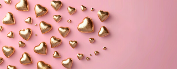 Golden heart shape chocolates banner over pink background with copy space