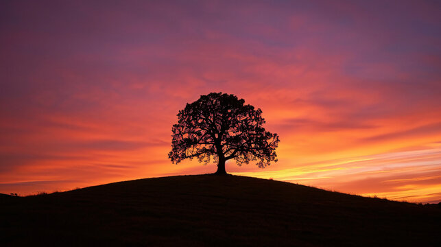 A striking silhouette of a lone tree on a hill at sunset.