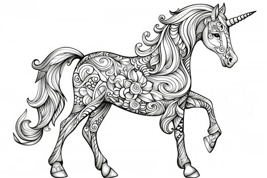 A horse with a floral pattern on it's back, coloring book for kids.