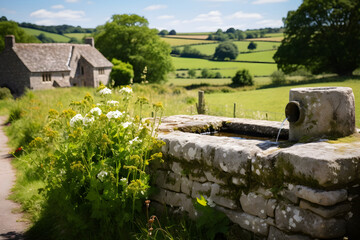 Tranquil Rural Scenery: Antique Stone Abreuvoir Amidst Green Countryside and Timeless Village - obrazy, fototapety, plakaty