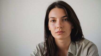 Fototapeta premium Person with shoulderlength hair facing the camera in calm expression. Plain background.