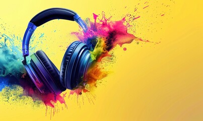Headphones with colorful splashes on a yellow background