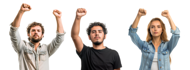 Collage of men and woman activist protesting rising their arms over white transparent background