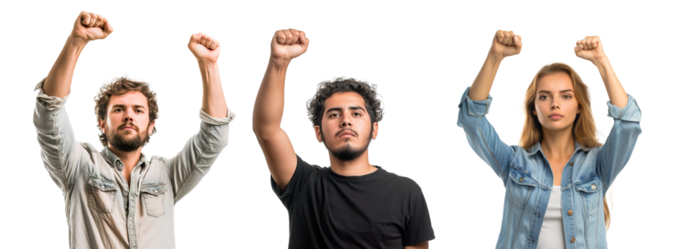 Collage of men and woman activist protesting rising their arms over white transparent background