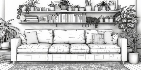 Scandinavian Stylish Living Room with Sofa and Potted Plants Generative AI