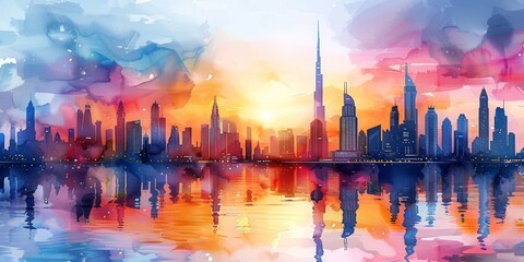 Fototapeta na wymiar Dubai Skyline Watercolor City Illustration with Famous Buildings Generative AI