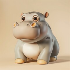 A miniature model of a cute hippopotamus isolated on a pastel cream background. Square format.